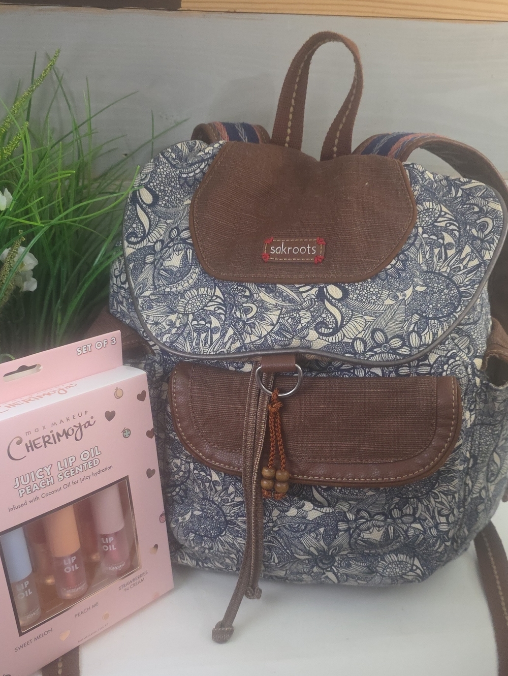Sakroots Blue Floral Canvas Backpack with Brown Trim